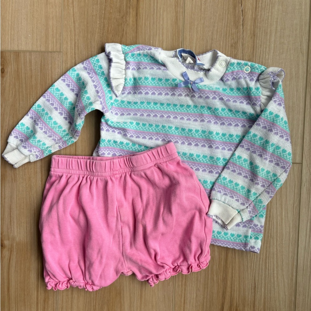 Vintage Striped Pastel Sweater and Pink Shorts Set